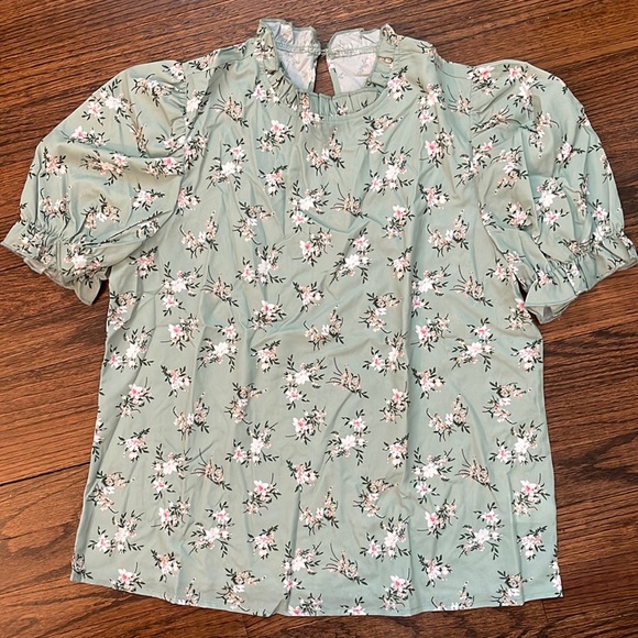 Floral print ruffle puff short sleeve casual blouse - Picture 1 of 3